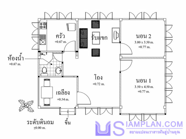  แบบบ้าน สบาย สบาย (รหัส DP003) บ้านชั้นเดียว 2 ห้องนอน, 1 ห้องน้ำ พื้นที่ใช้ซอย 70 ตารางเมตร © siamplan.com