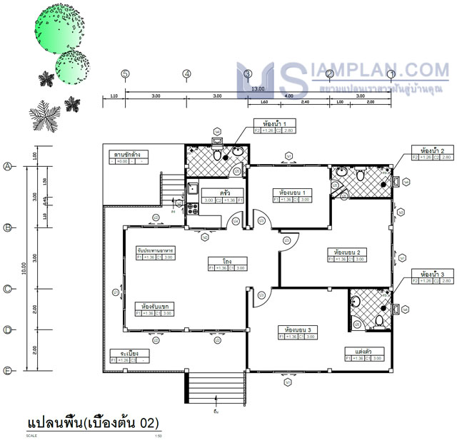 แบบบ้านดอกส้านชะวา (รหัส DP045) บ้านชั้นเดียว 3 ห้องนอน, 3 ห้องน้ำ พื้นที่ใช้ซอย 140 ตารางเมตร © siamplan.com