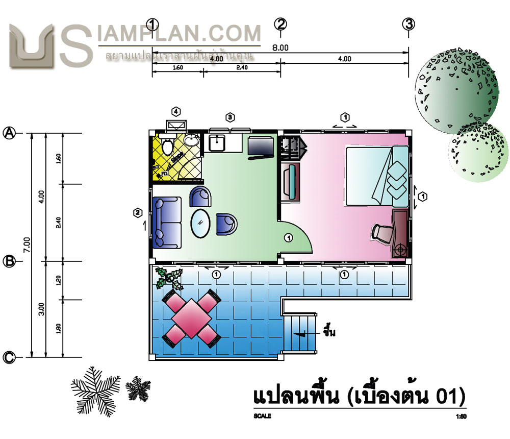 แบบบ้านฉัฏฐี (รหัส DP008) บ้านชั้นเดียวยกพื้นสูง 1 ห้องนอน, 1 ห้องน้ำ พื้นที่ใช้ซอย 49 ตารางเมตร © siamplan.com