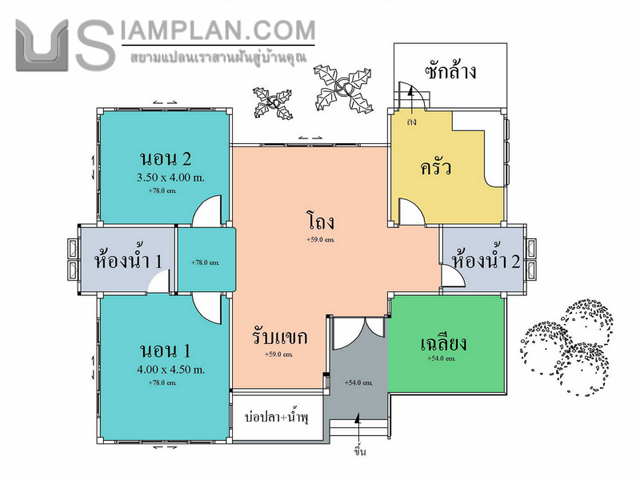 © siamplan.com แบบบ้านทองคำเปลว (รหัส DP023) บ้านชั้นเดียว 2 ห้องนอน, 2 ห้องน้ำ พื้นที่ใช้ซอย 125 ตารางเมตร 