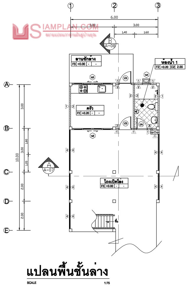แบบบ้านอยู่ชิดรั้ว (รหัส FP026) บ้านสองชั้นใต้ถุนโล่ง 2 ห้องนอน, 2 ห้องน้ำ พื้นที่ใช้ซอย 114 ตารางเมตร © siamplan.com